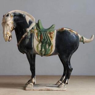 高超仿古中国马洛阳唐三彩艺术品中式黑马陶瓷摆件博物馆古玩古董