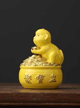 陶瓷十二生肖猴摆件招财镇宅黄红黑色瓷器猴风水申猴摆件家装饰品