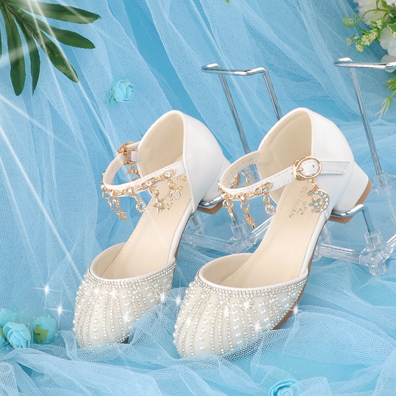 小女孩洋气公主鞋白色水晶儿童高跟鞋女童配礼服皮鞋2024新款春秋