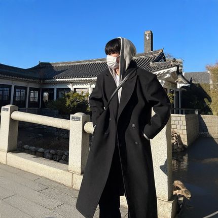 冬季2024新款加厚毛呢外套男A潮流中长款大衣帅气宽松过膝风衣男
