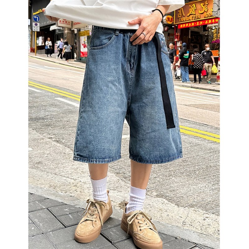 美式大码牛仔短裤男女夏季街头宽松腰带五分裤子水洗直筒阔腿中裤