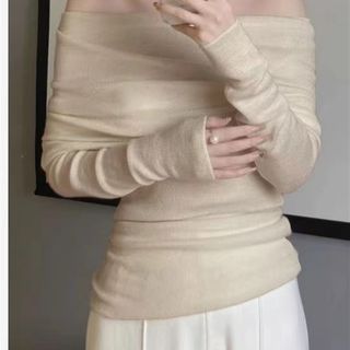大码胖mm一字领长袖针织衫打底毛衣女秋冬保O暖露肩修身内搭上衣