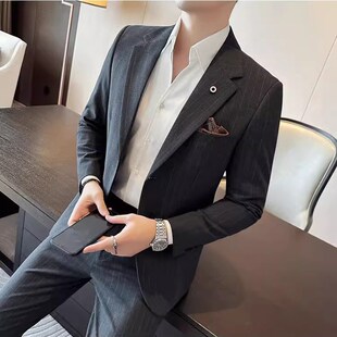 新郎婚礼西装 时尚 男结婚正装 条o纹休闲西服套装 两件 英伦商务修身