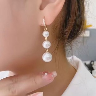 长款珍珠耳环网红夸张气质韩国高级感圆珠耳坠潮时尚显脸瘦耳饰女