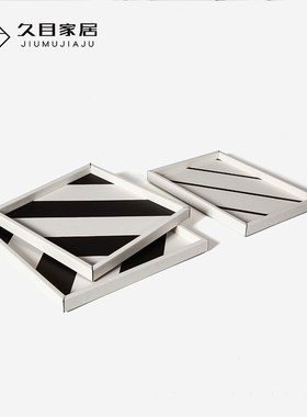 现代黑白色拼接方形皮质托盘餐厅C玄关桌面收纳盘创意家居饰品摆
