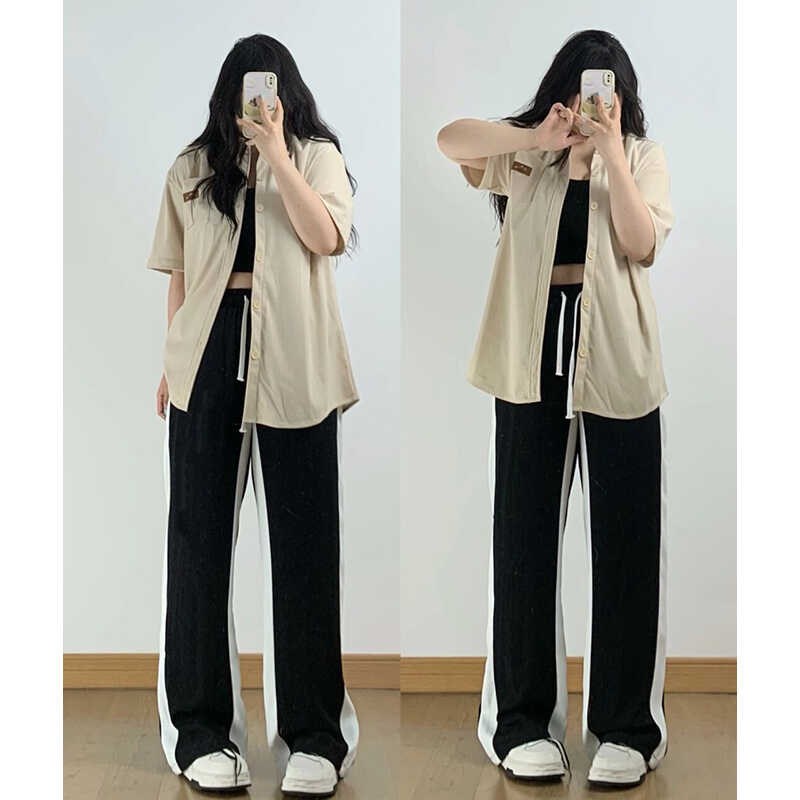 300斤胖mm大码女装裤子双色拼接阔腿休闲裤女高腰显瘦垂感直筒裤