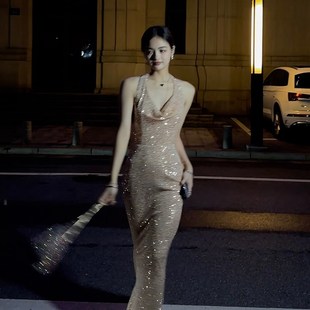 香槟色闪闪亮片荡领轻纱小礼服裙重工晚宴连衣裙订婚主持人长裙女