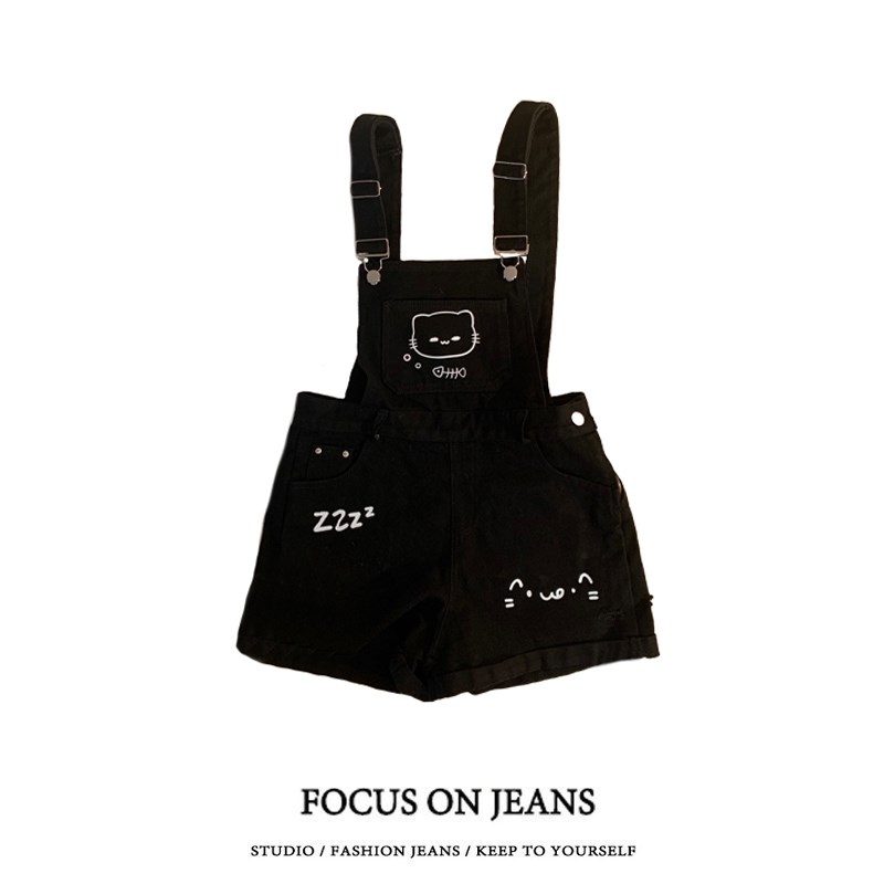 大码胖mm萌系印花设计感背带裤女夏季减龄宽松百搭休闲连体短裤子