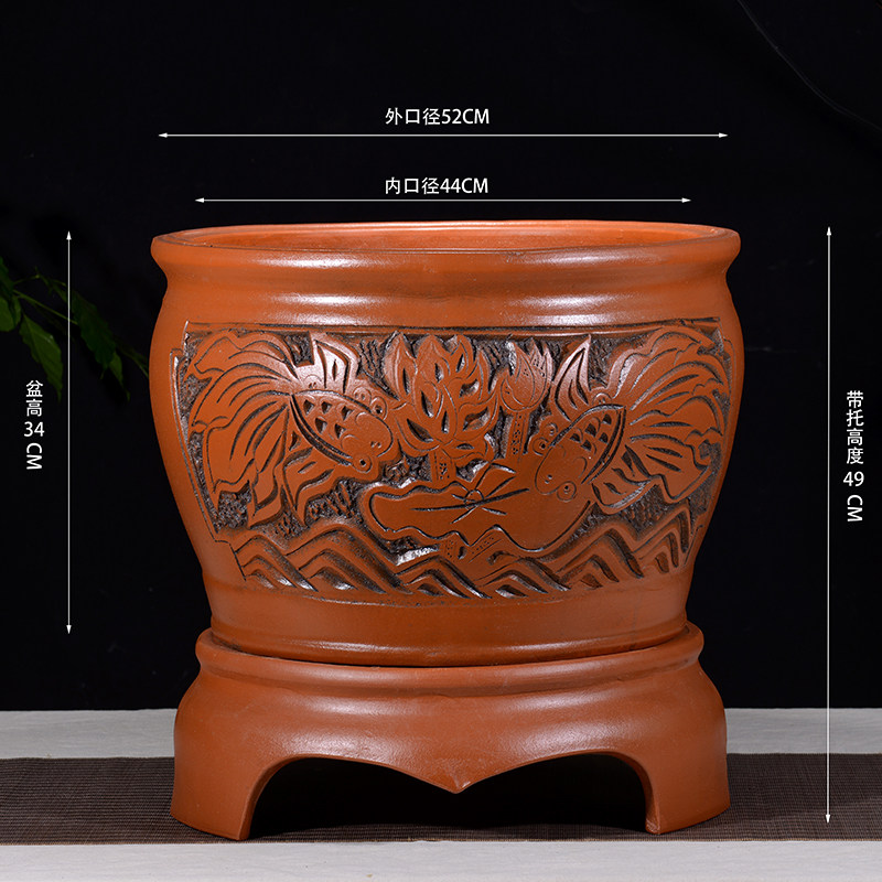 宜兴特大号圆形i雕花陶瓷透气紫砂花盆鱼缸家用种树户外铁树发财