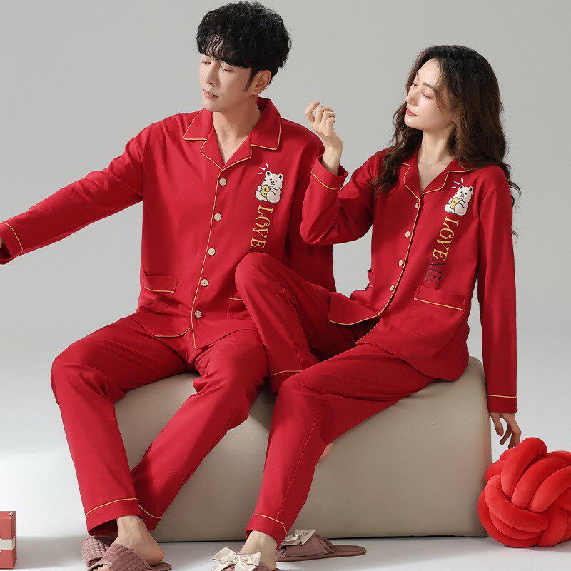 加工定制 结婚睡衣情侣男女士春秋季长袖大码新婚红色家居服套装