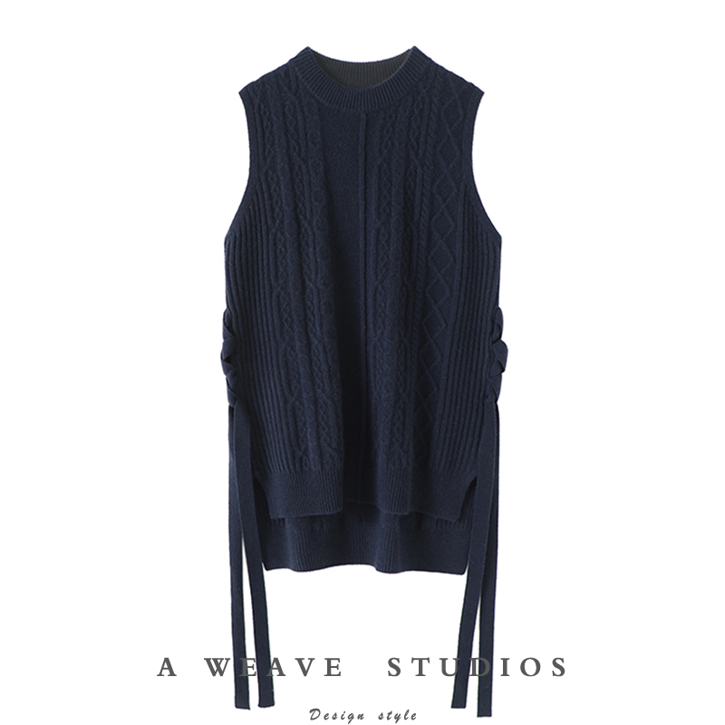 美到惊艳!侧边绑带前短后长绞花羊绒背心女纯羊绒衫毛衣马甲加厚