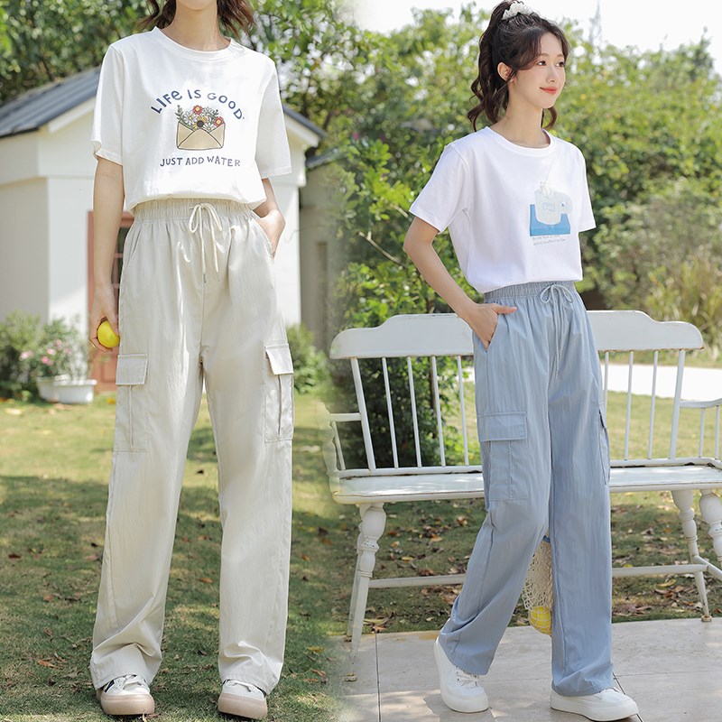 高中女生夏季薄款工装裤r套装宽松时尚初中学生休闲纯棉T恤两件套