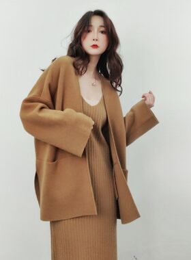 2023秋新款纯羊毛针织开衫四平针侧开叉纯色百搭宽松休闲上衣外套