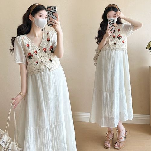 孕妇装夏装假两件绣花短袖连衣裙2025新款孕妇裙时尚夏季怀孕裙子
