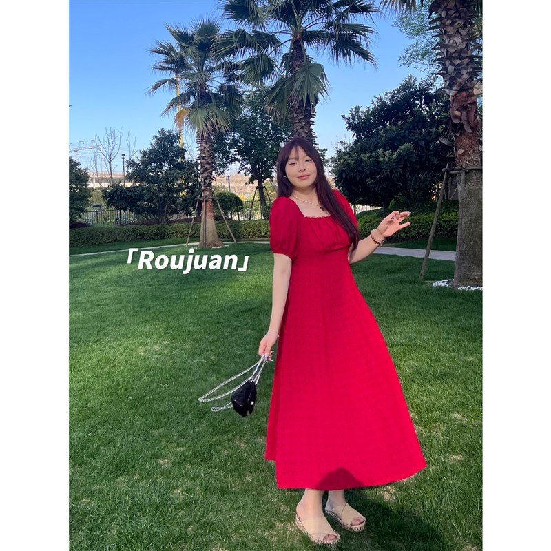 肉卷家微胖大码女装法式复古红色胖mm提花方领一字肩茶歇连衣裙子