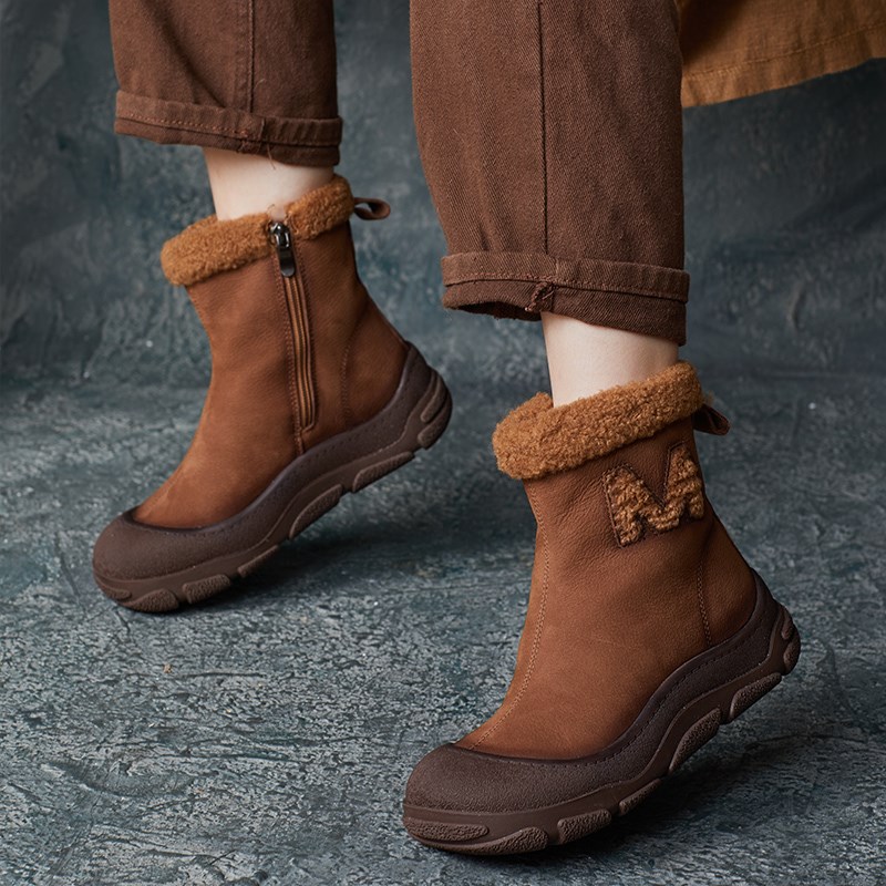 2024冬季新款英伦风s雪地靴女磨砂牛皮复古加绒保暖登山软底棉靴