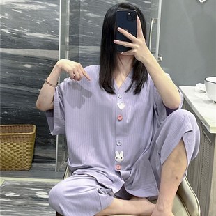 套 日系短袖 睡衣e女夏天针织棉V领开衫 家居服大码 胖mm200斤七分裤