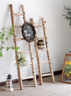 天然白桦木梯子落地摆件幼儿园橱窗造景花园庭院摄影装饰拍摄道具