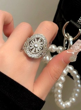 富婆气质镶钻锆石花朵戒指女轻奢高级感中古风精致个性夸张食指戒