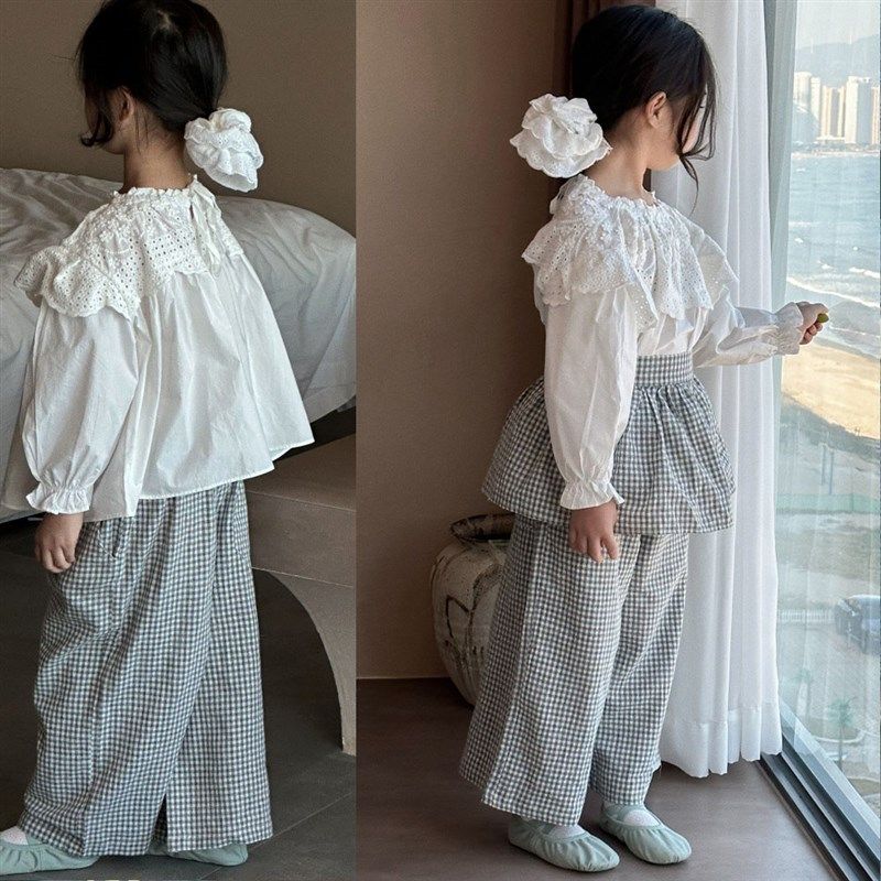 新款春装女童叠穿纯棉长裤儿童棉麻格子直筒裤围裙套装花边娃娃衫,童装/婴儿装/亲子装,儿童运动裤,淘宝优惠券,粉丝福利购,淘宝优惠卷