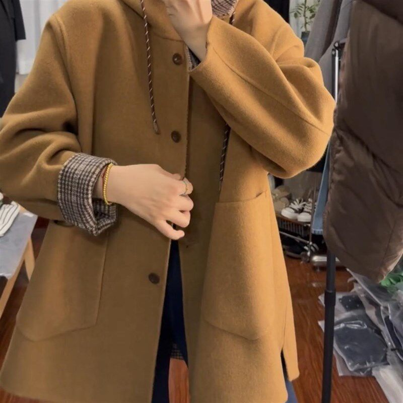 连帽双面羊绒大衣女中长款2024秋冬新款韩系格子撞色羊毛呢子外套