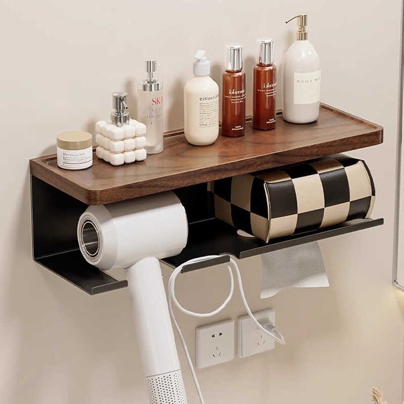 轻奢实木吹风f机置物架洗手间便捷纸巾架子免打孔壁挂收纳置物用