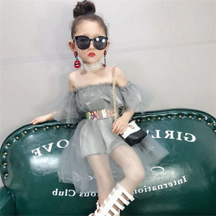 女童露肩裹胸连衣裙夏装2021新款儿童一字肩公主裙宝宝仙女网纱裙