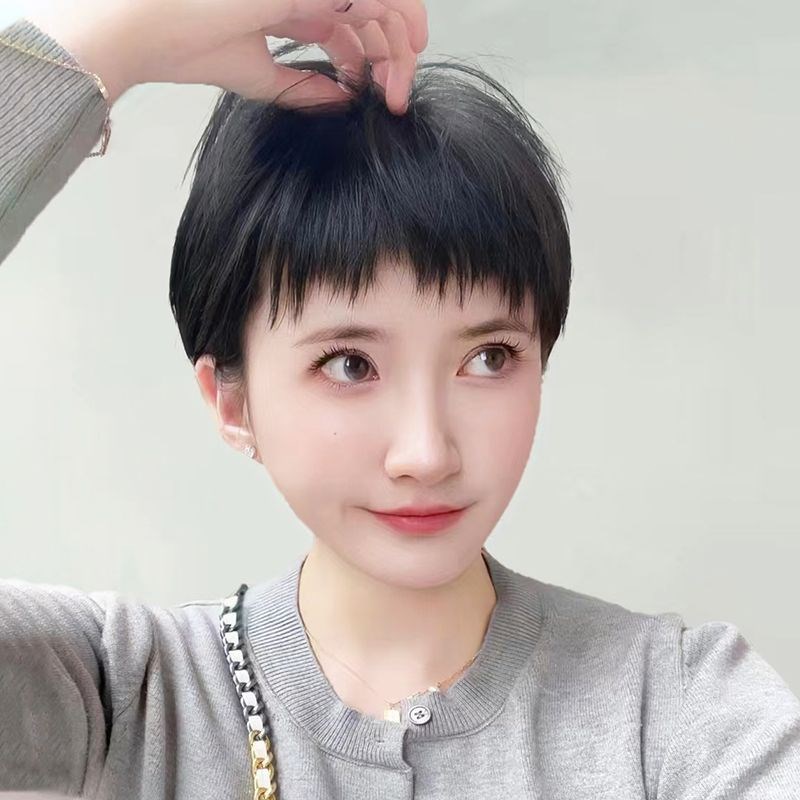 假发女全头套短发真发全真人发狗啃刘海光头减龄新款整顶假发头套