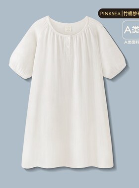 睡衣女款夏新款A类竹棉纱布短袖C女士家居服夏季宽松纯欲白色睡裙