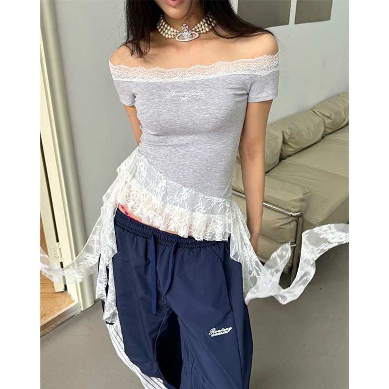 辣到中暑夏季美式复古辣妹一字肩蕾丝拼接不规则流苏T恤短款上衣