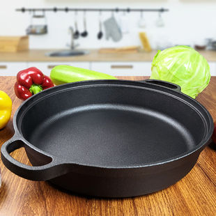 铸铁加厚平底烙饼锅不粘锅水煎包锅家用老式不沾生铁饼铛双耳煎锅