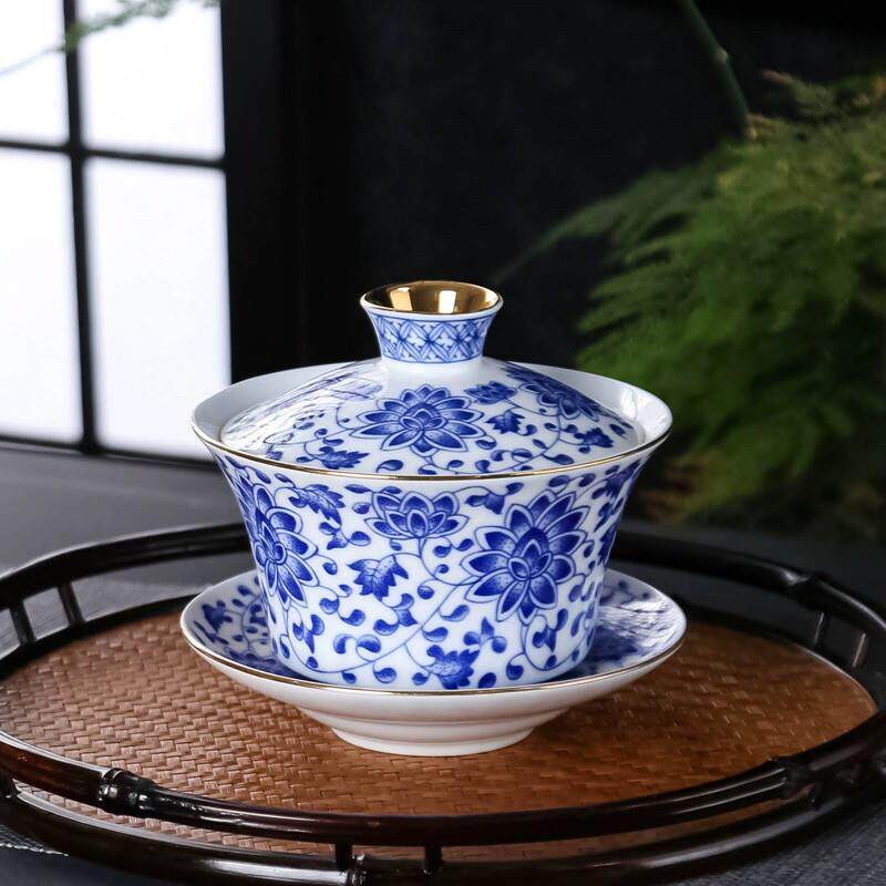 描金青花瓷盖碗家用泡茶三才碗手绘描金大号敬茶碗功夫茶具配件