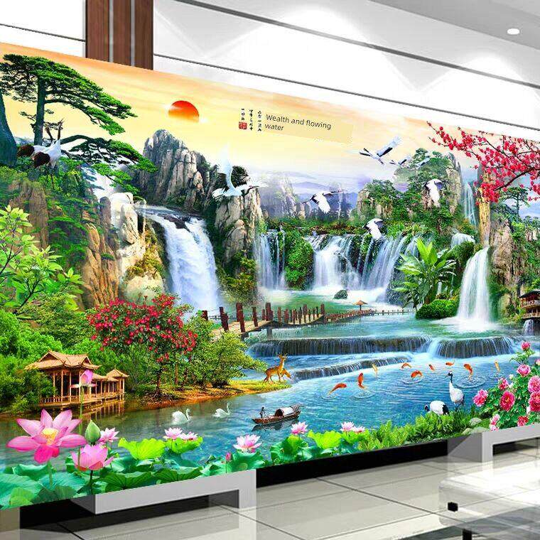 流水生财十字绣线绣自己绣手工2023新款客厅山水画风景迎客松大气