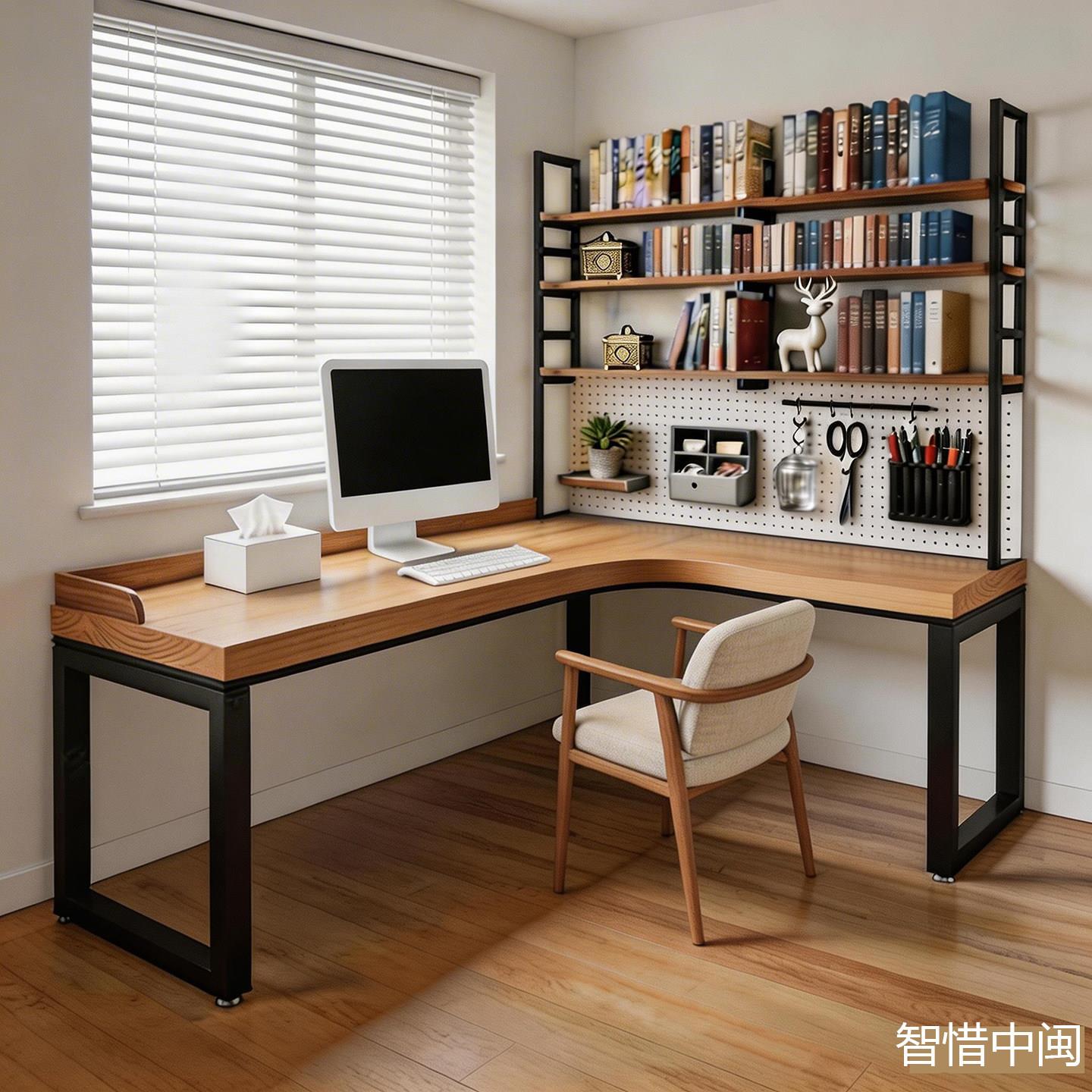 实木转角书桌书架一体洞洞板loft铁艺办公桌学习工作台拐角电脑桌