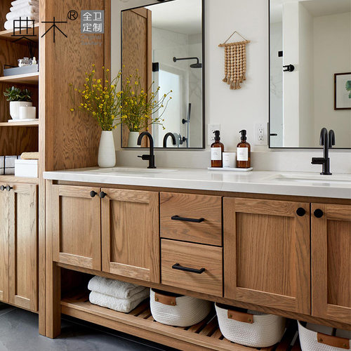 美式双盆洗漱台组合橡木卫浴柜洗脸盆洗手台盆柜卫生间浴室柜定制