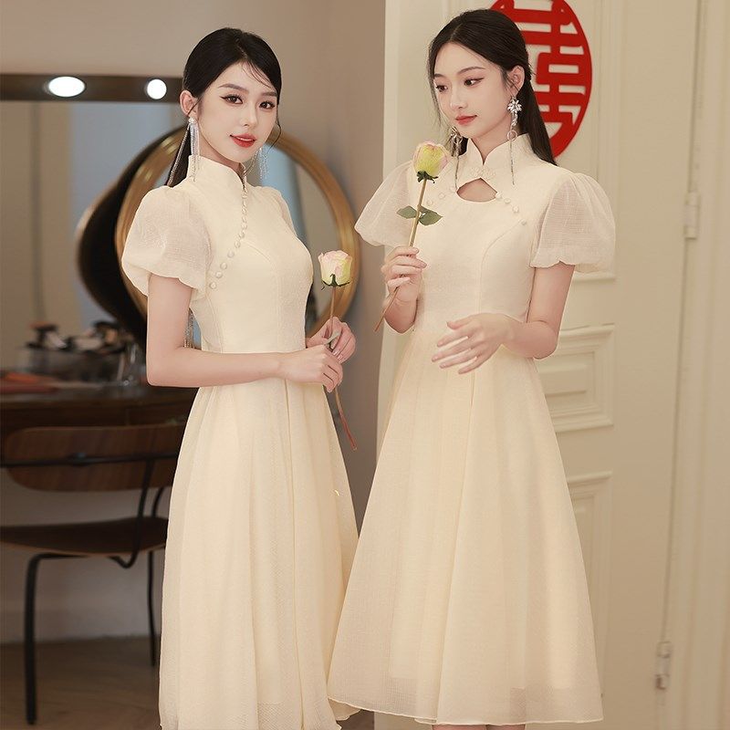 平时可穿香槟色中式伴娘服2024新款夏季高级感小个子姐妹团礼服裙