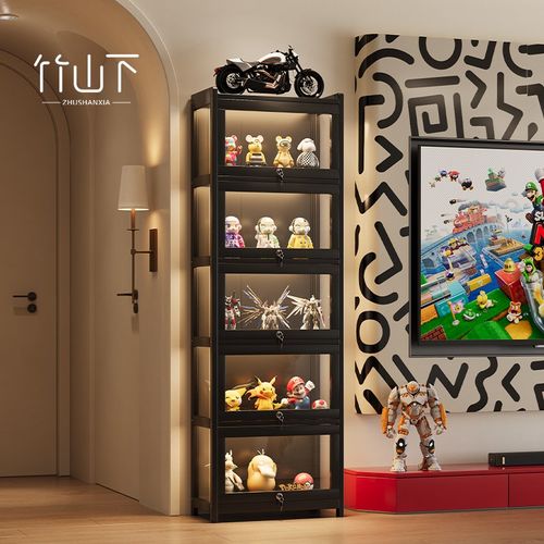 手办展示柜带灯带锁透明亚克力多层防尘收纳柜落地模型收纳置物架