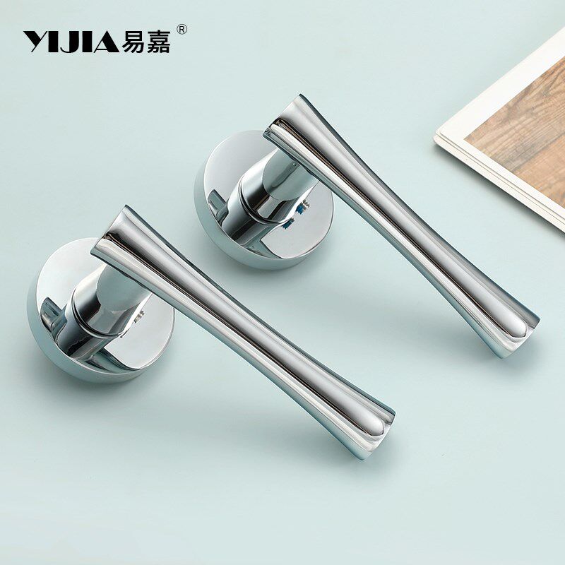 现代简约法式轻奢镀铬室内卧室门锁实木门把手亮银V色磁吸静音锁