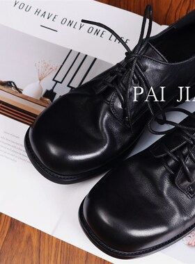 方头英伦风小皮鞋系带大头黑色学院真皮复古单鞋女22970-1