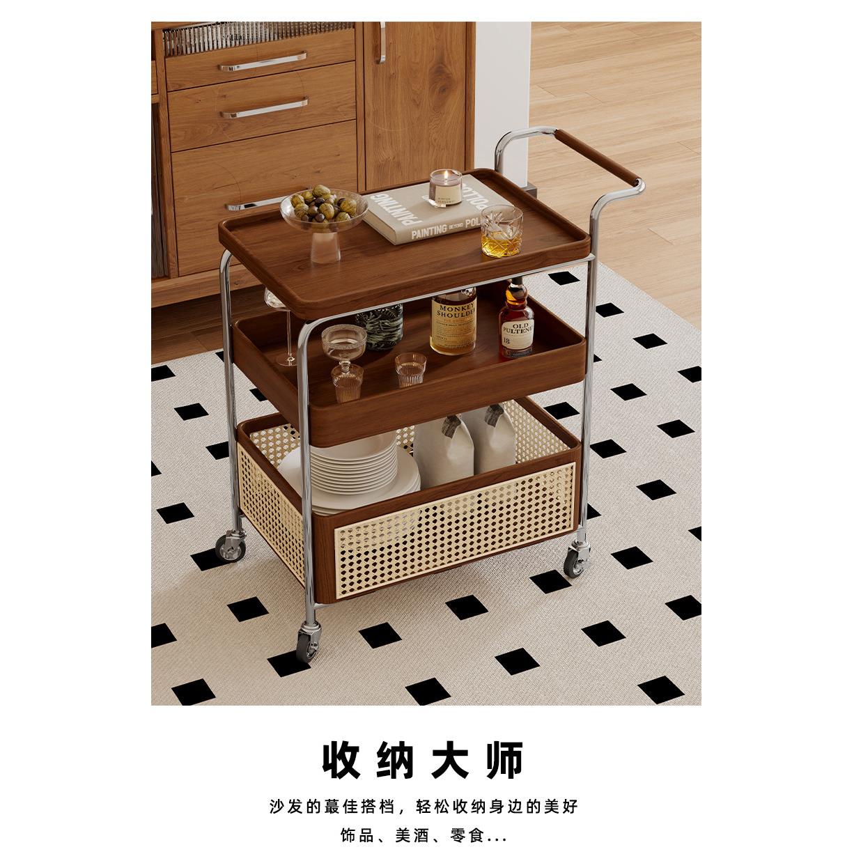实木小推车简约可移动茶几沙发边几角几客厅餐边柜藤编餐车置物架
