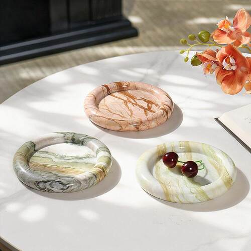 简约风天然大理石圆形果盘桌面客厅玄关茶几装饰置物收纳托盘摆件