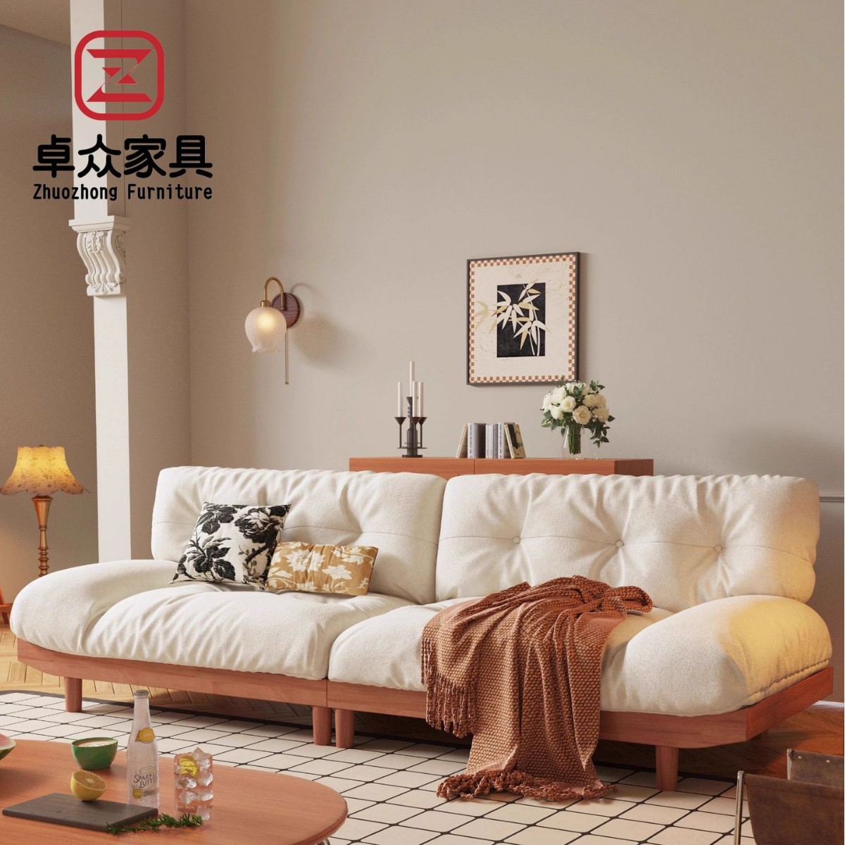 实木云朵沙发布艺小户型三人位