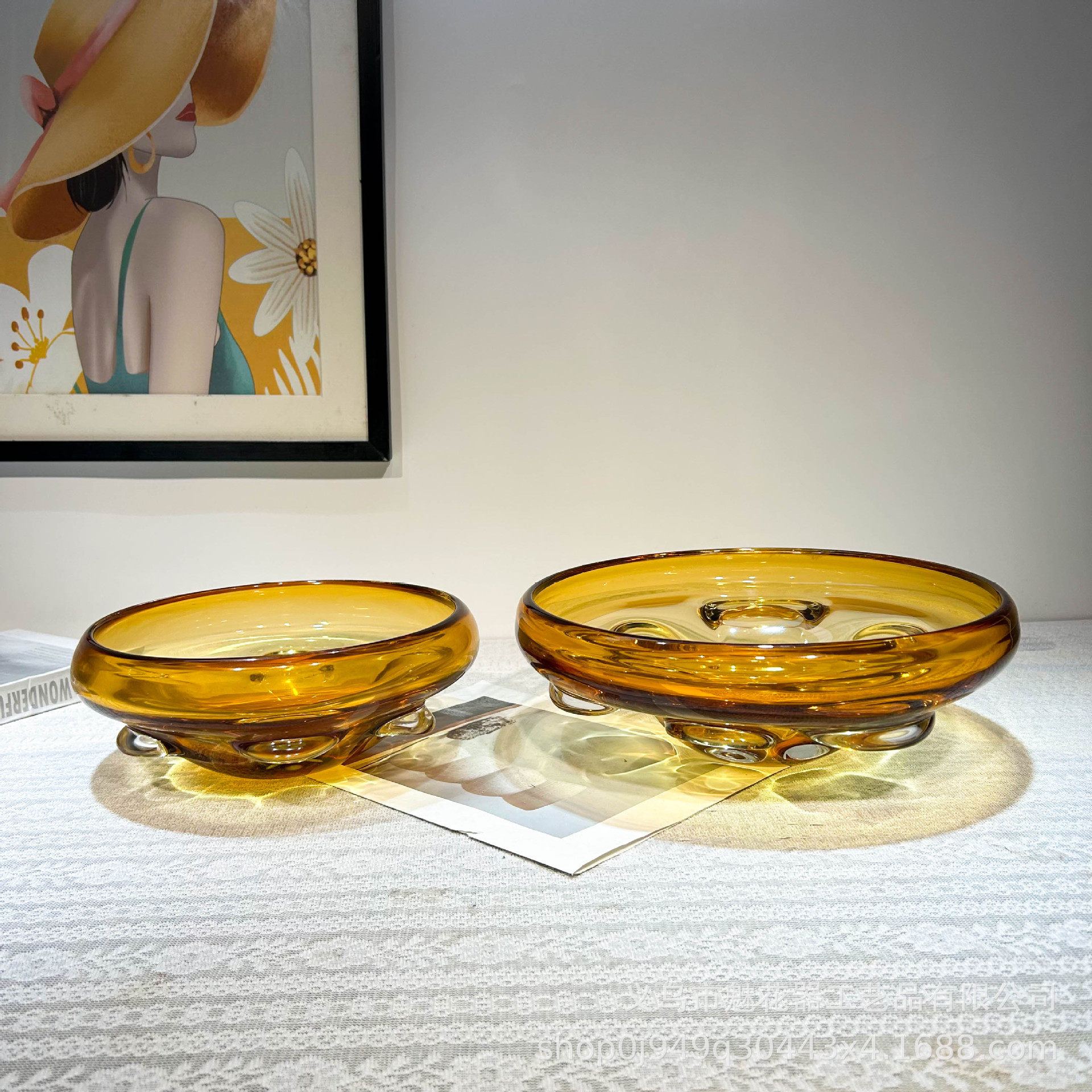 现代轻奢风琥珀色手工琉璃果盘客厅餐桌茶几样板间高级感装饰摆件