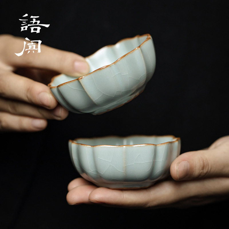 台湾丰子汝窑对杯汝瓷品茗杯手工茶杯陶瓷茶具可养茶盏开片可养