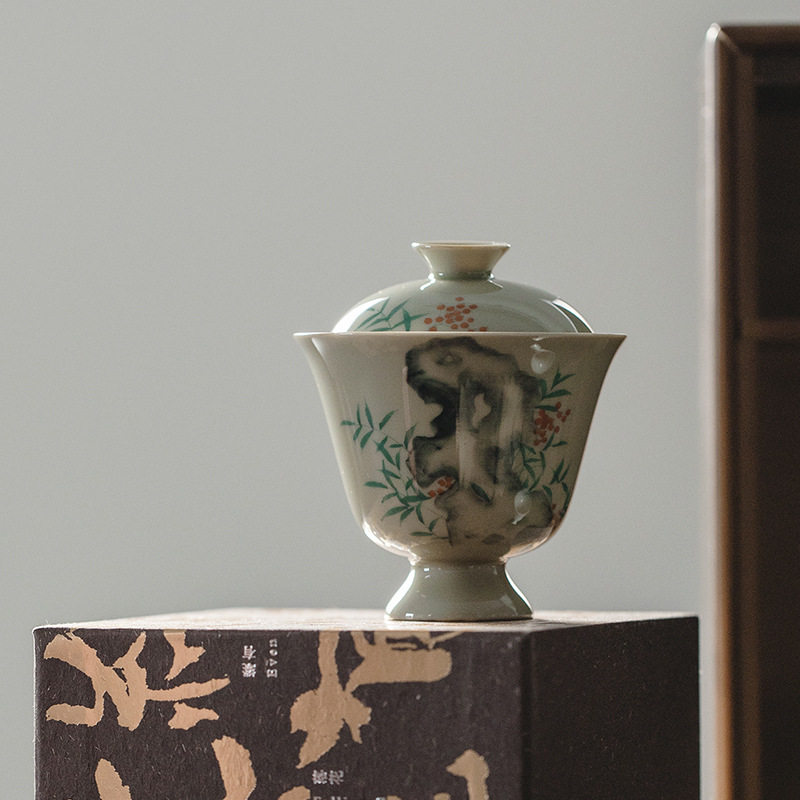 无落 秘黄釉春池手绘太湖石院落盖碗文人器二才高足盖碗手工薄胎