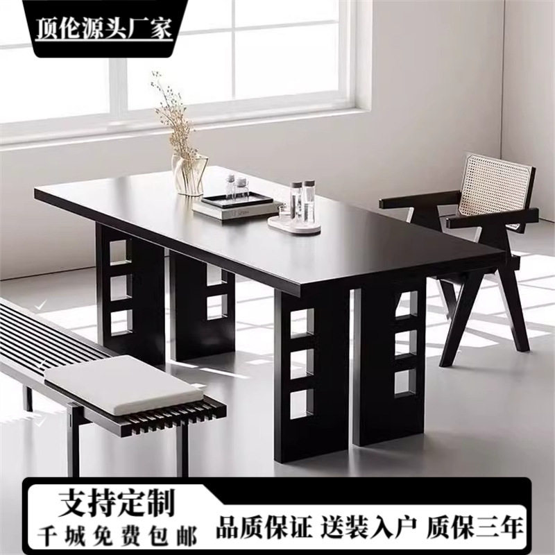 北欧轻奢黑色餐桌小户型客厅设计师大板桌家用餐厅会客餐桌椅组合