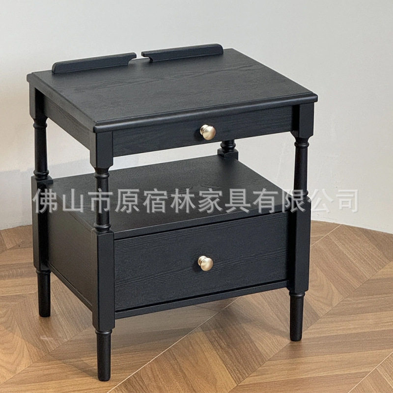 法式复古实木床头柜双层抽屉床边储物柜小户型家用白蜡木