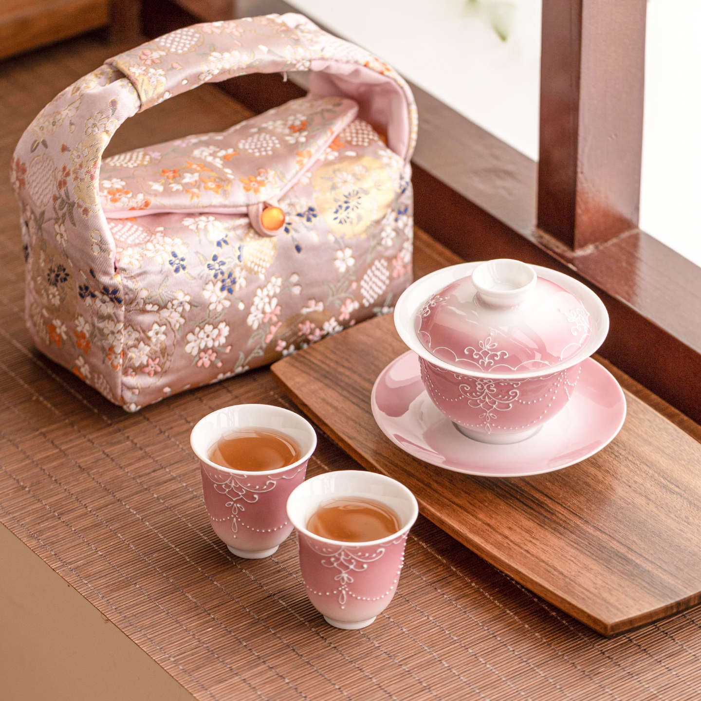 渐变粉堆雕珠帘旅行茶具外出携带包三才盖碗小套装时雨陶瓷泡茶杯