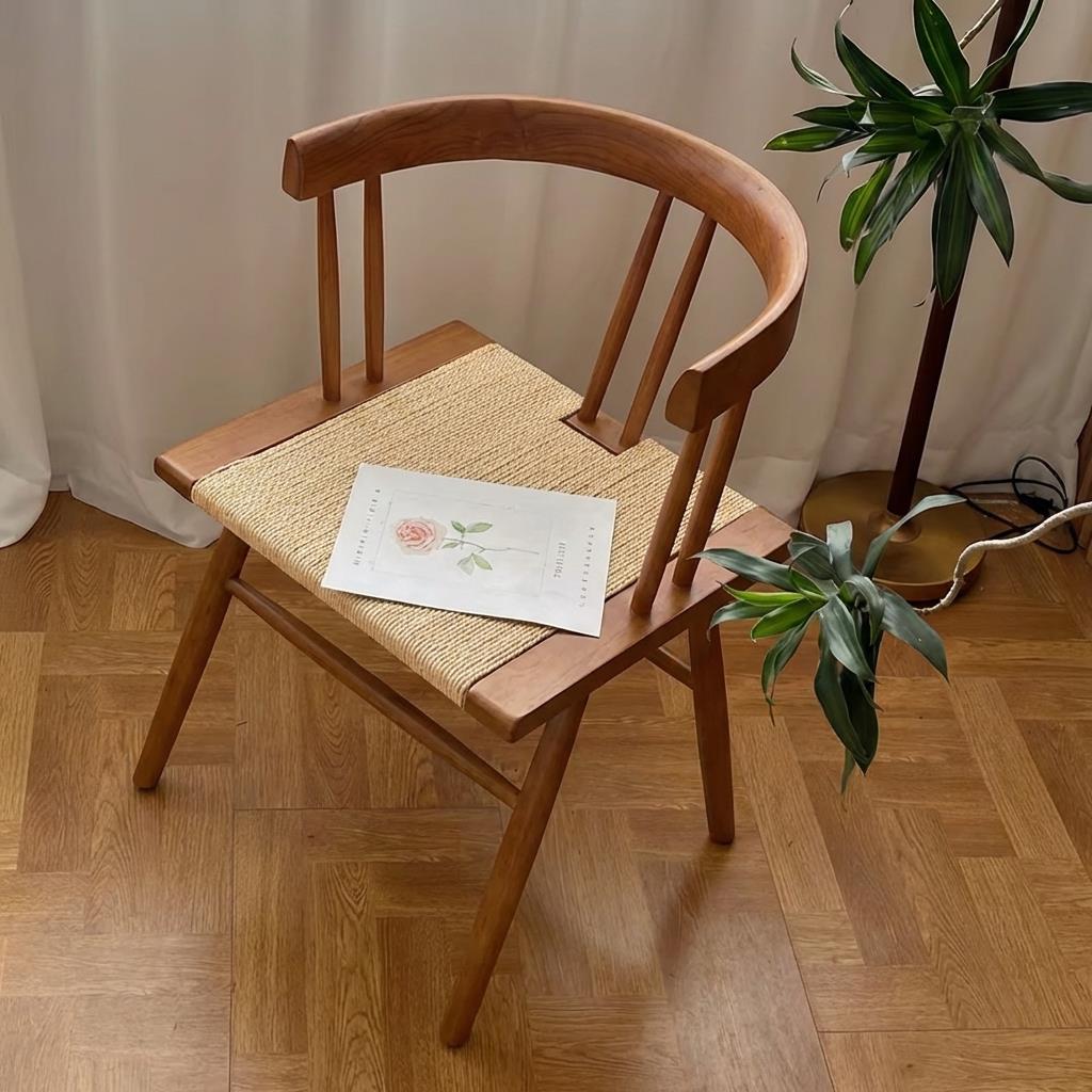 实木椅子法式复古风扶手靠背椅简约绳编餐椅家用休闲茶室椅乔治椅