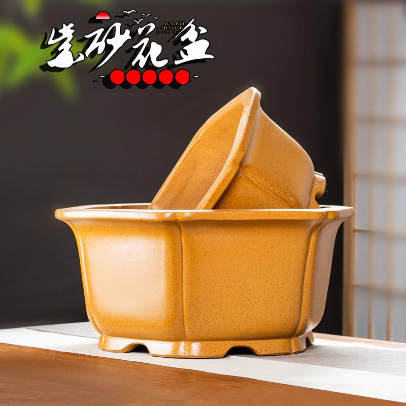 宜兴紫砂花盆金撢子梅花老桩黄杨文竹特大号种树室内大口径六方盆